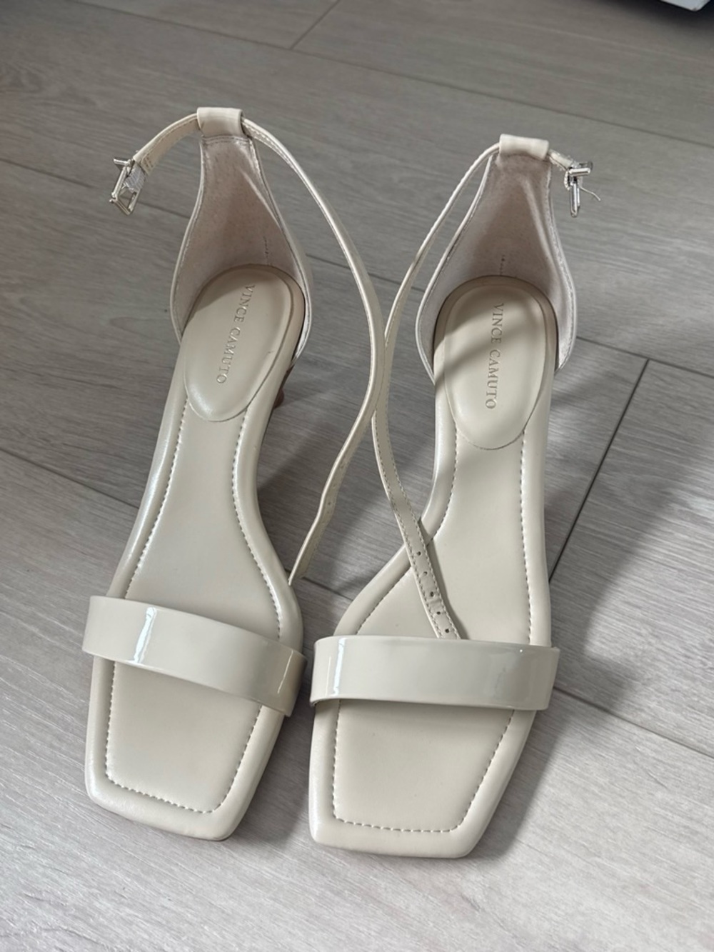 Vince Camuto Ivory Patent Square-Toe Ankle-Strap Heels